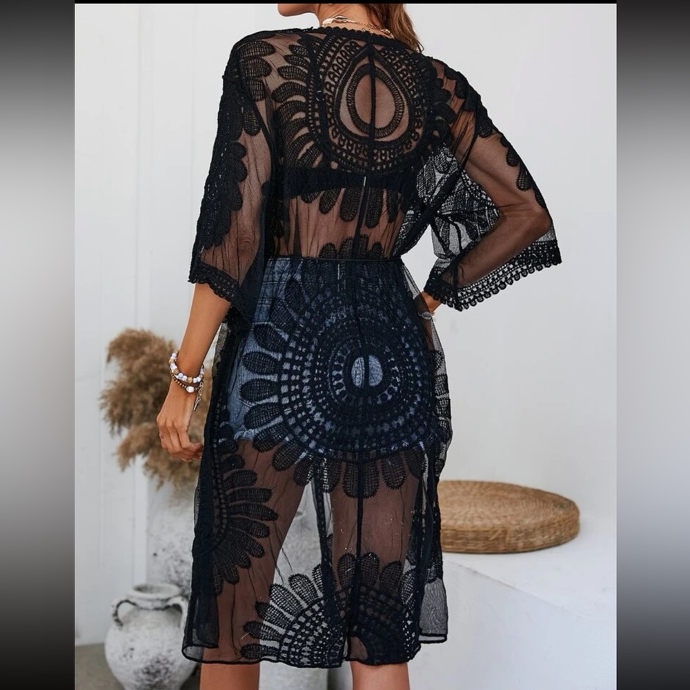 New to Posh C 🔆| Euro Style Embroidered Mesh Kimono with Belt - Picture 3 of 6